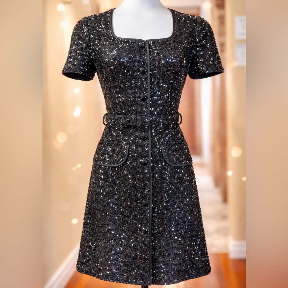 NWT Donna Karan New York Black Sequin Belted Cocktail Dress Size 2 Party